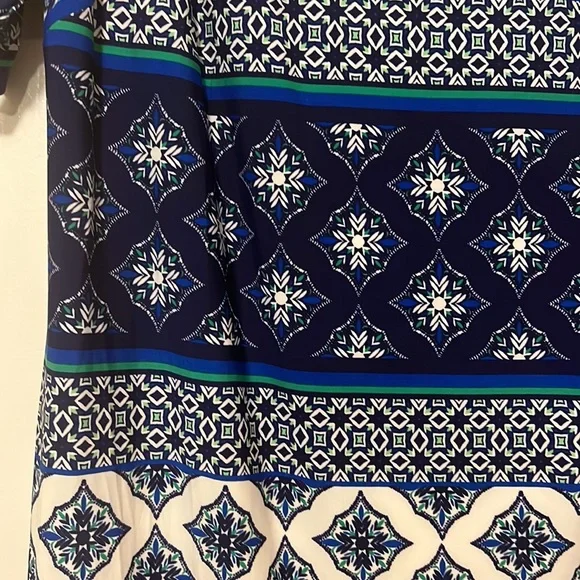 Eliza J Short-Sleeve Dress with Blue, White and Green tile pattern, 16W - Picture 3 of 7